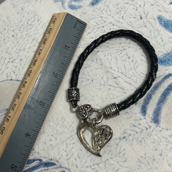 Brighton Braided Black Leather Cord Bracelet Heart Charm Silver Plated Vintage - Picture 12 of 13